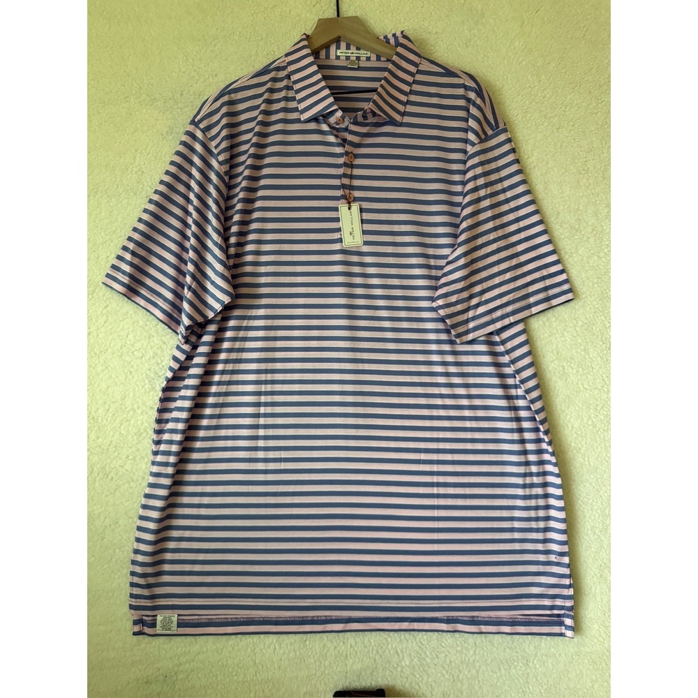 Peter Millar Polo Shirt Mens 2XL Blue Pink Stripe Cotton Jersey Knit Golf NEW